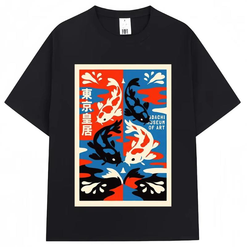 Japanese Style Koi Harajuku Illustration Pattern T Shirt Men Women Vintage Fashion T-shirts Oversized Cotton T-shirt Streetwear