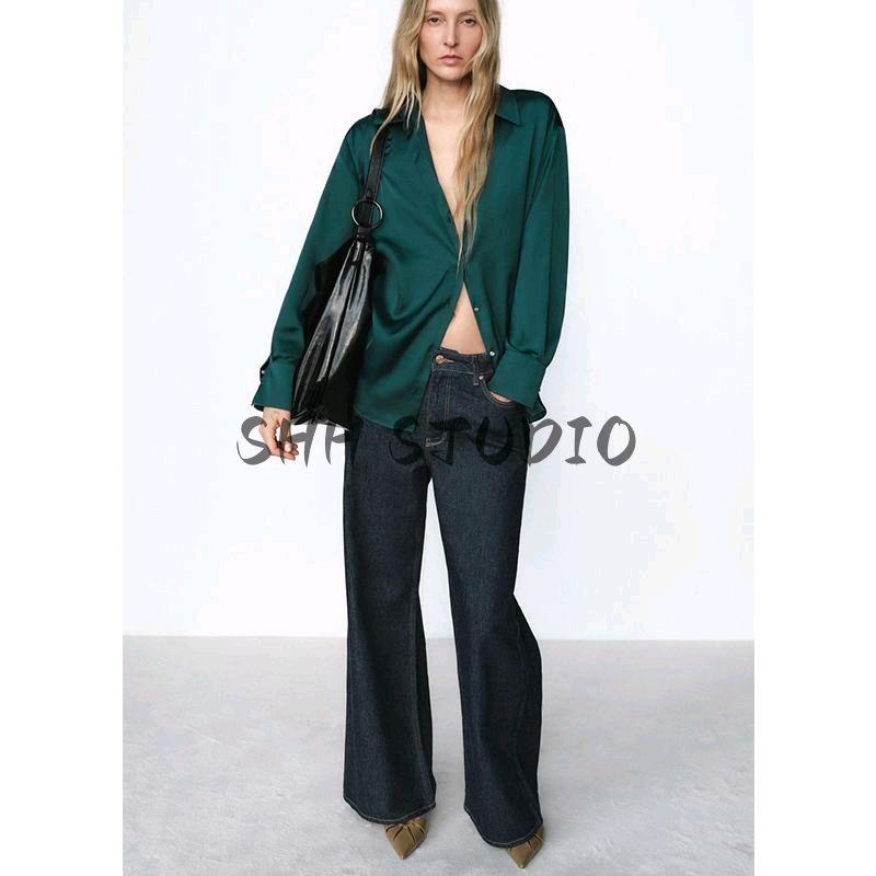 Spring New Women's Clothing Lapel Silk Satin Texture Classic Vertical Shirt 2074580 2074140