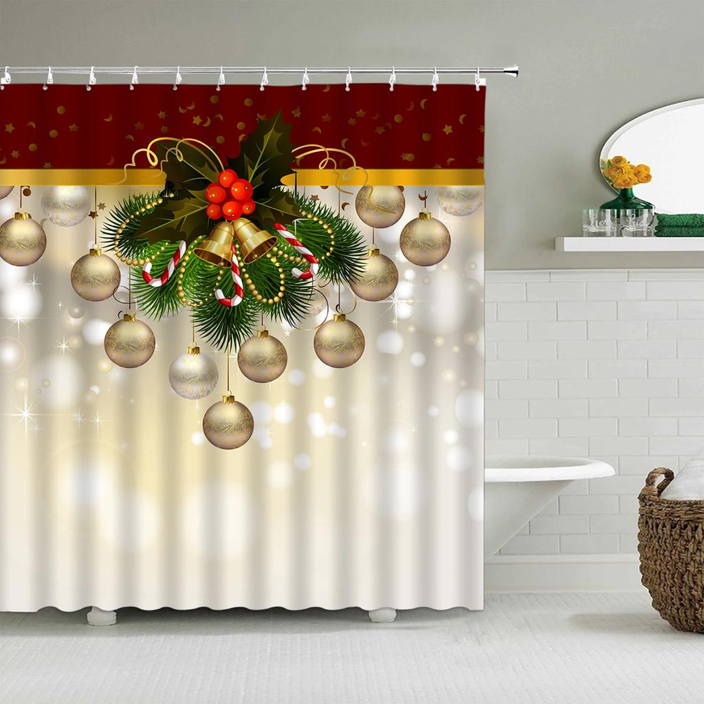 Unframed Christmas Shower Curtain Winter Snowman Snowflake Christmas Tree Red Truck Bell Red Bird Colorful Christmas Ball Bathro