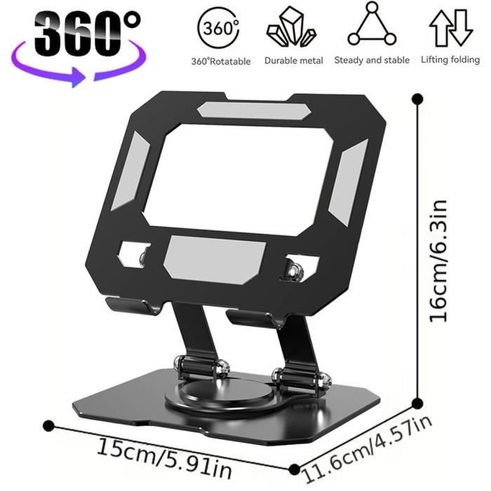 Support de Tablette Pliable, Support Rotatif 360° pour iPad-Samsung Tab-Redmi Pad, Anti-Dérapant Réglable Métal Noir