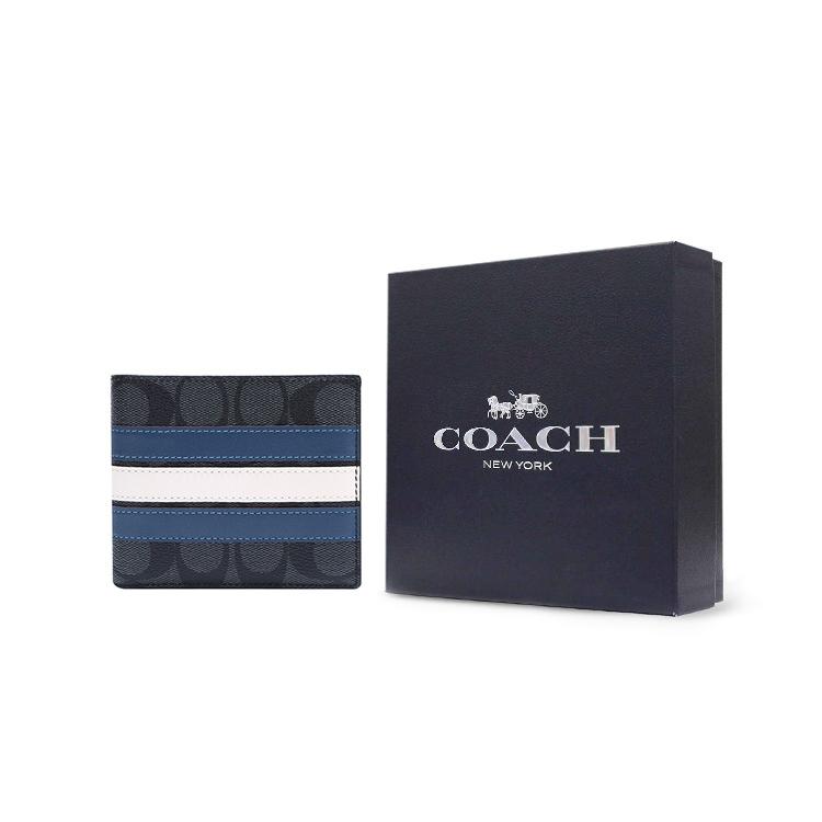 New COACH 3 IN 1 Wallet Canvas With Leather 3 in 1 Wallet Men's Old Flower Black/Blue White Stripes 3008-QBOH0