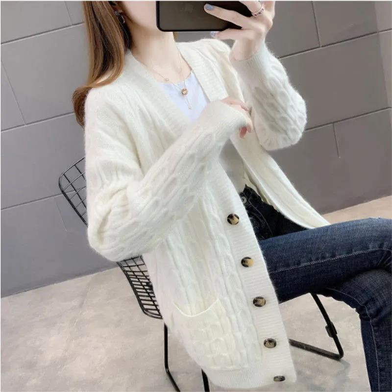 Women's Loose All-match Mid-length Knitted Sweater Cardigan Sweater Coat In Spring and Autumn