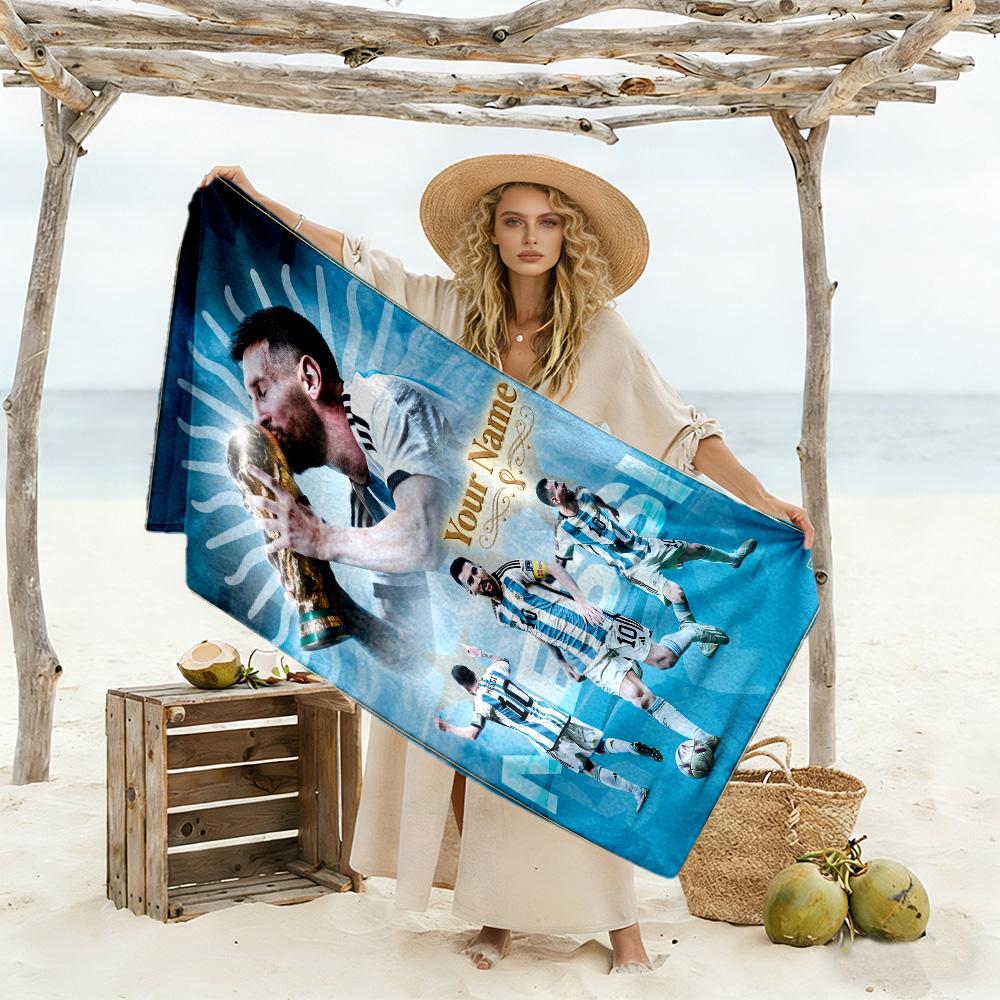 Football Messi Personalized Name Beach Towel Super Soft & Absorbent Perfect for Traveling Yoga Camping and Swimming