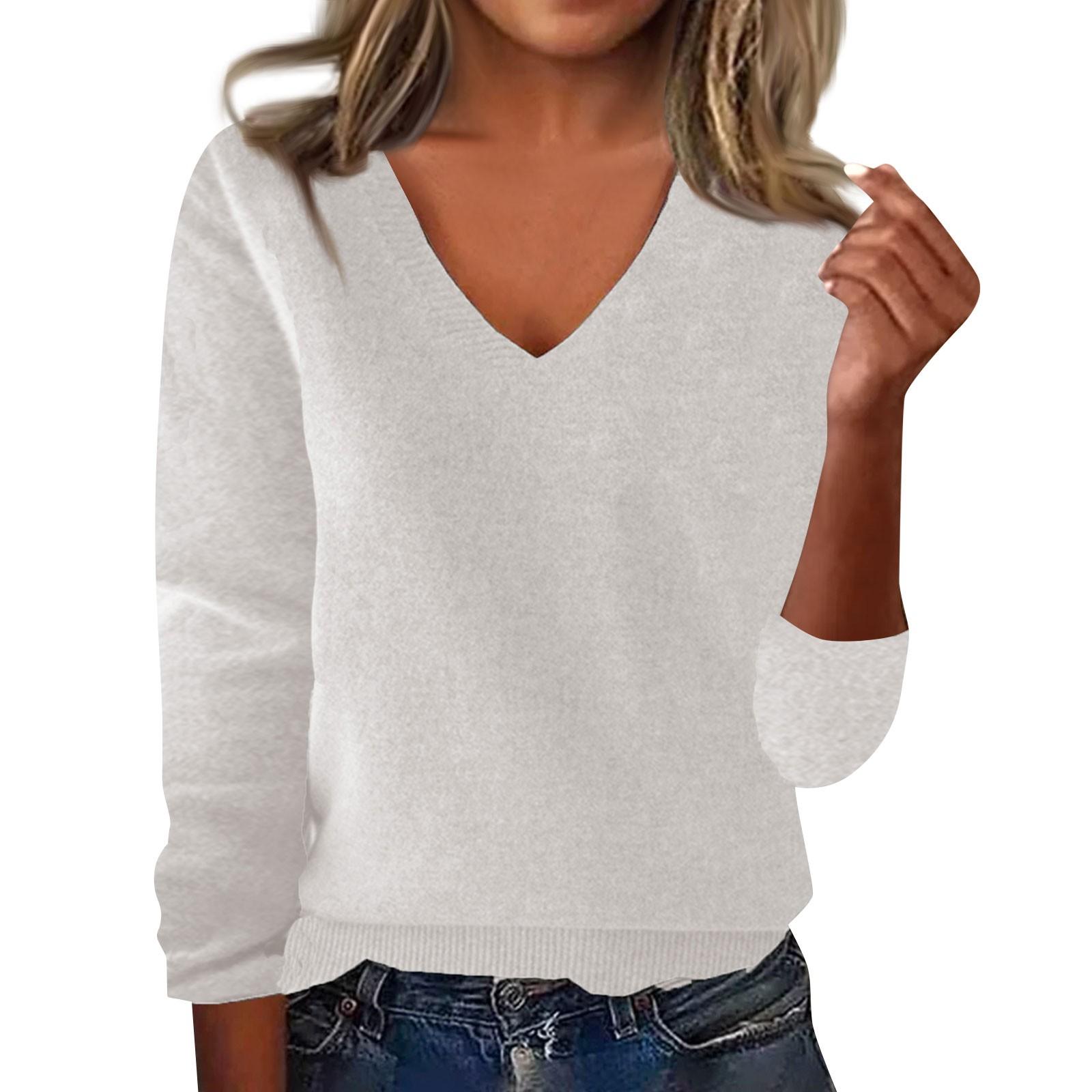 

Женская мода свободный V-образный вырез длинный рукав нижняя часть рубашки верх вязаный свитер L бежевый