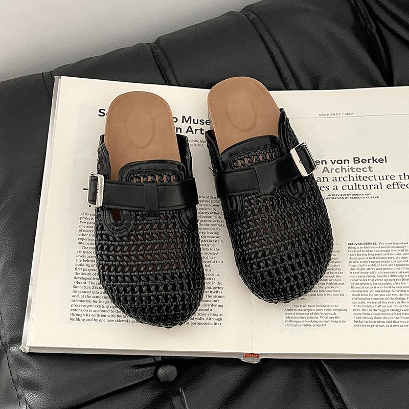 Fashion Hollow Woven Breathable Bag Head Half Slippers Ladies Summer Retro Internet Celebrity Lazy Casual Cool Slippers Boken Shoes