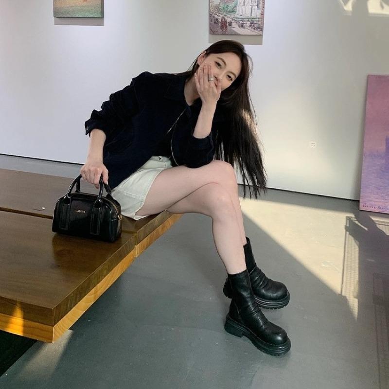 Thick-soled wrinkled elastic thin boots black short boots children's new summer and autumn Martin boots stacking boots