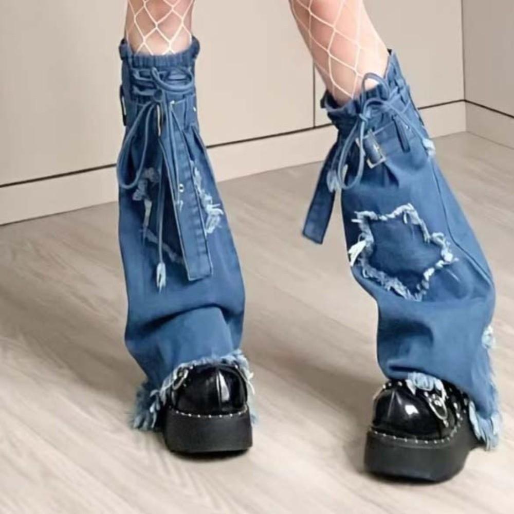 Japanese JK Lolita Y2K Denim Leg Warmers Denim Cloth Long Stockings Cross Trumpet Leg Covers  Women