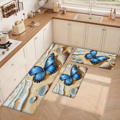 1Pcs Anti Fatigue Kitchen Rugs,  Blue Butterfly Print Waterproof Non-Slip Thick Cushioned Kitchen Mat Heavy Duty Comfort Standing Mat for Kitchen