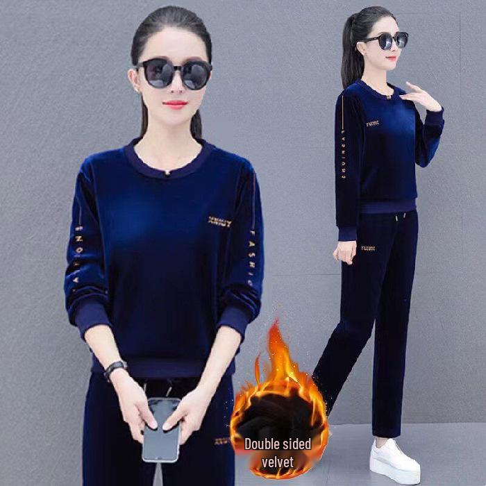 

Женский осенне-зимний повседневный спортивный костюм: Модный, Омолаживающий, Свободный, Стройнящий, Плюс Вельвет, Утепленный Двухпредметный. M темно-синий