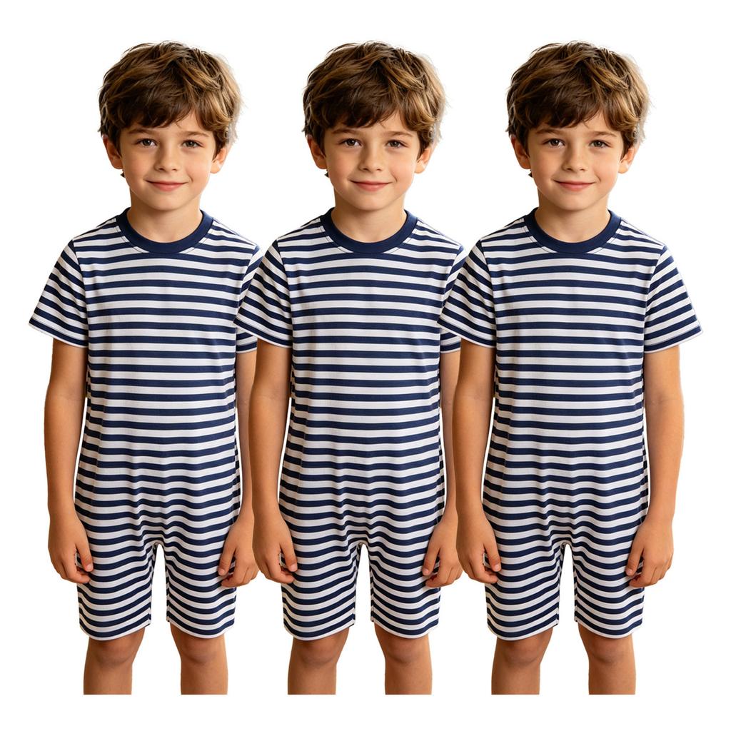 3 Piezas Mono Rayado Adaptativo para Niños Cuello Redondo Manga Corta Longitud hasta el Muslo Espalda Anti-Rayas Cremallera Invisible para Cuidado de Necesidades Especiales
