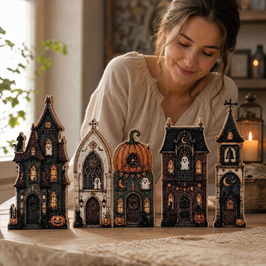 Wooden Halloween House Tabletop Village Set of 6, Vintage Decor for Shelf Mantel