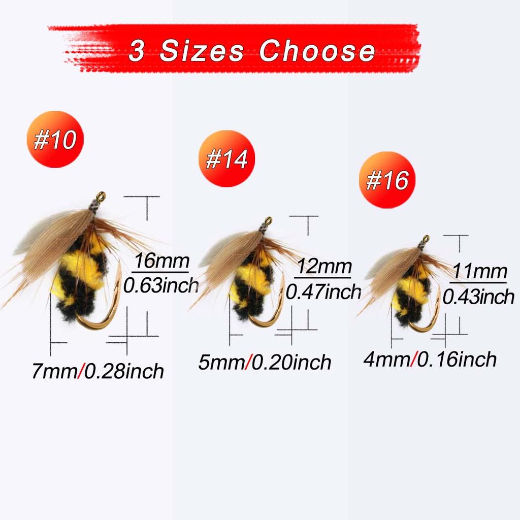 18 Stück 2 gemischte Stile Insektenköder für Forellen Fliegenfischen Trockenfliegen Gelber Mottenköder & Hummelköder mit Fliegenbox