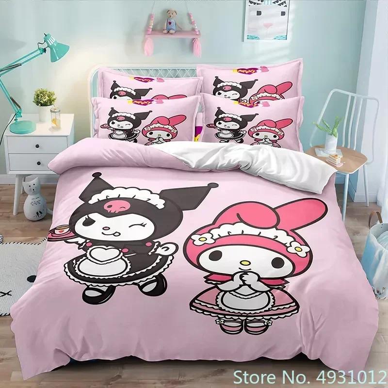 Sanurgente Kuromi Melody Bedding Set Pillowcase Anime Bedclothes Cartoon 3D Printed Kids Adult Boys Quilt Duvet Cover Gift