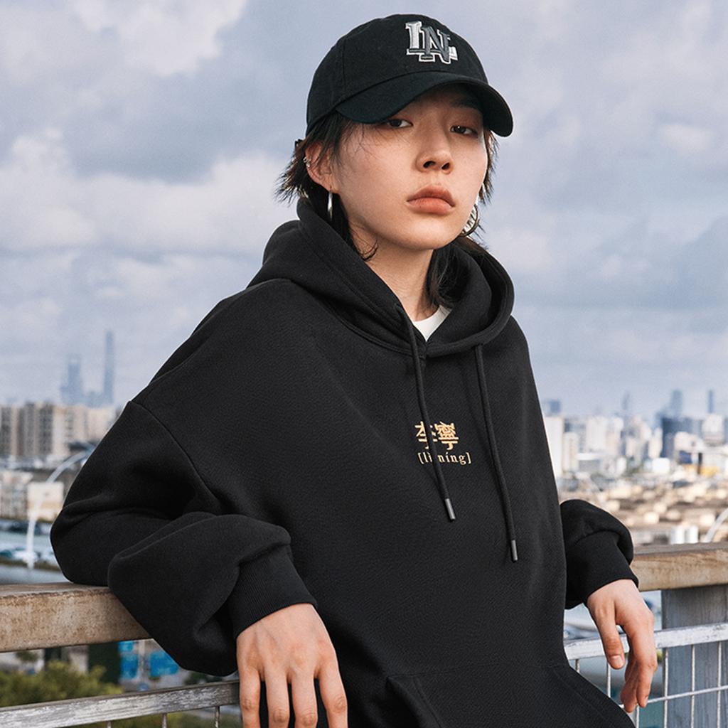 Li Ning Sports Lifestyle Series Loose Fit Hooded American Print Letter Casual Fleece Sweatshirt Unisex Sweatshirt Black AWDU923-4
