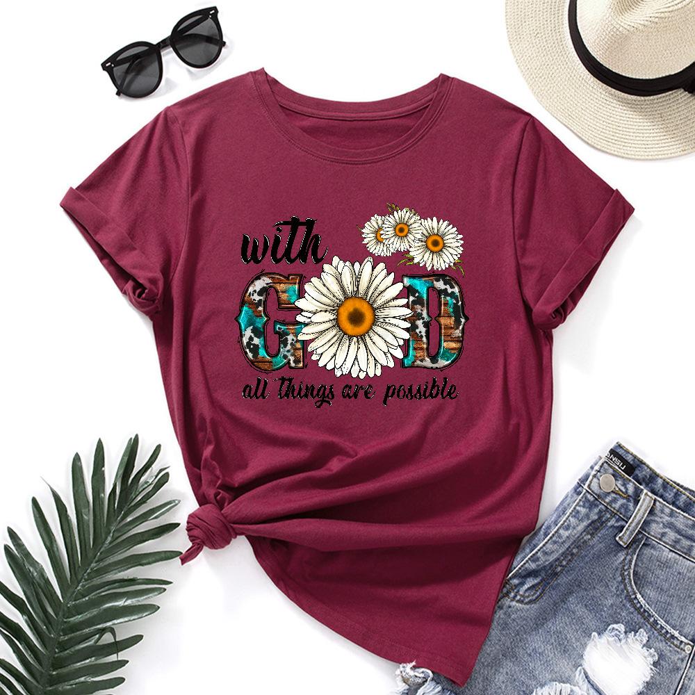 Cotton T-Shirt Short Sleeve Round Neck Women 2d Print Tops