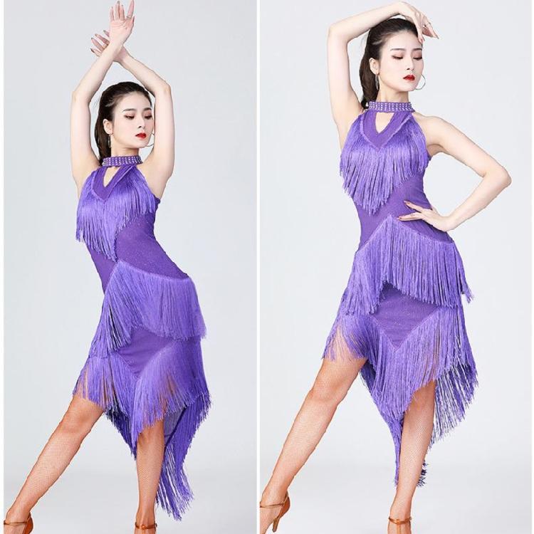 Glittering Latin Dance Dress Asymmetrical Sequins Fringe Performances Costume Breathable Polyester Stage Outfit
