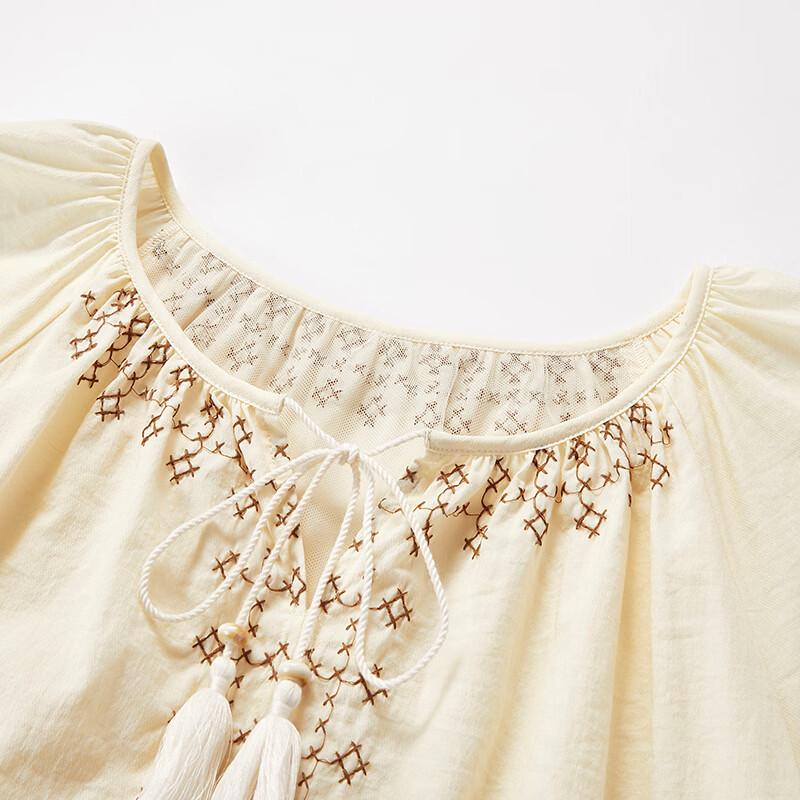 Women's Embroidered Linen Blend Puff Sleeve Top