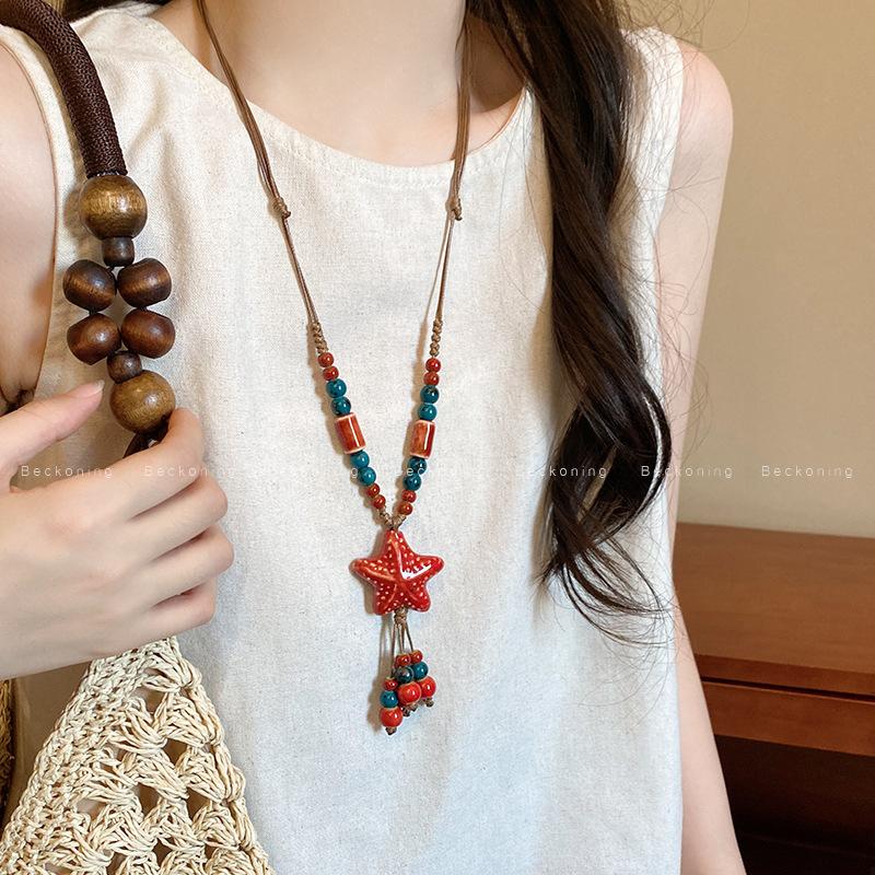 New Chinese Color Ceramic Beaded Star Necklace Female Bohemian Retro Ethnic Style Long Sweater Chain Accessories