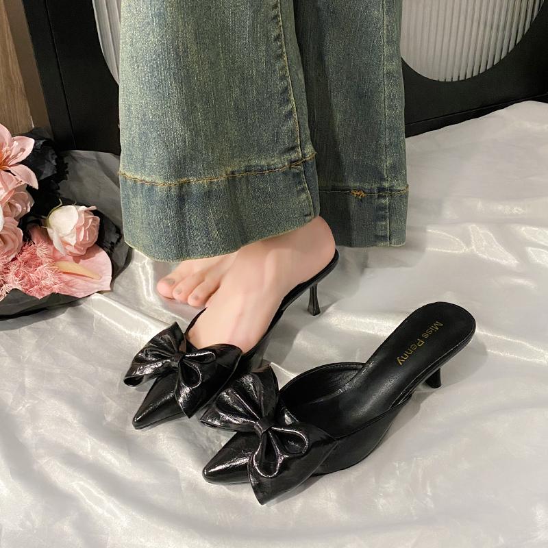 Fashion New Baotou Stiletto High-heeled Shoes Spring and Summer Pointed Toe Shallow Mouth Temperament Bow Non-slip Cool Slippers