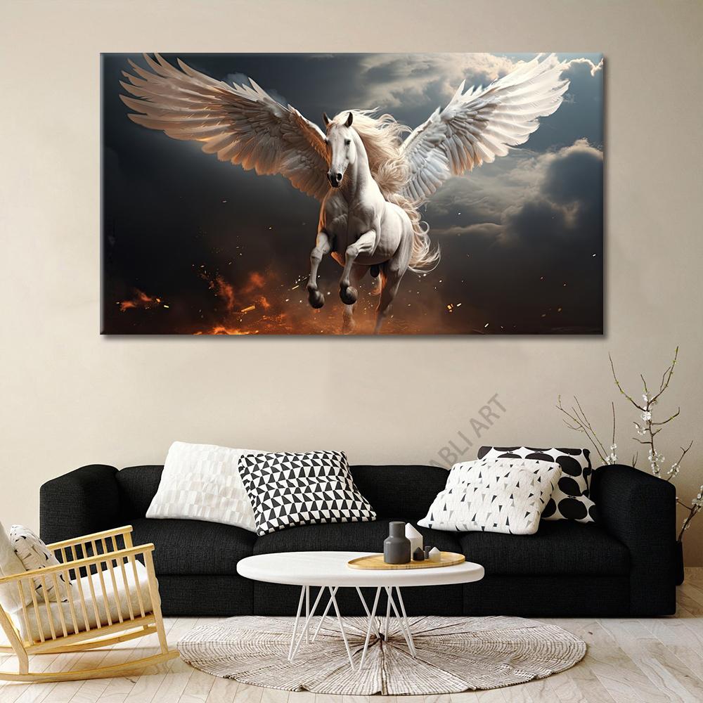 Abstract Horse Pegasus with White Wings Flying Horse lightnings Canvas Painting Magic Horses Posters Prints Living Room Decor