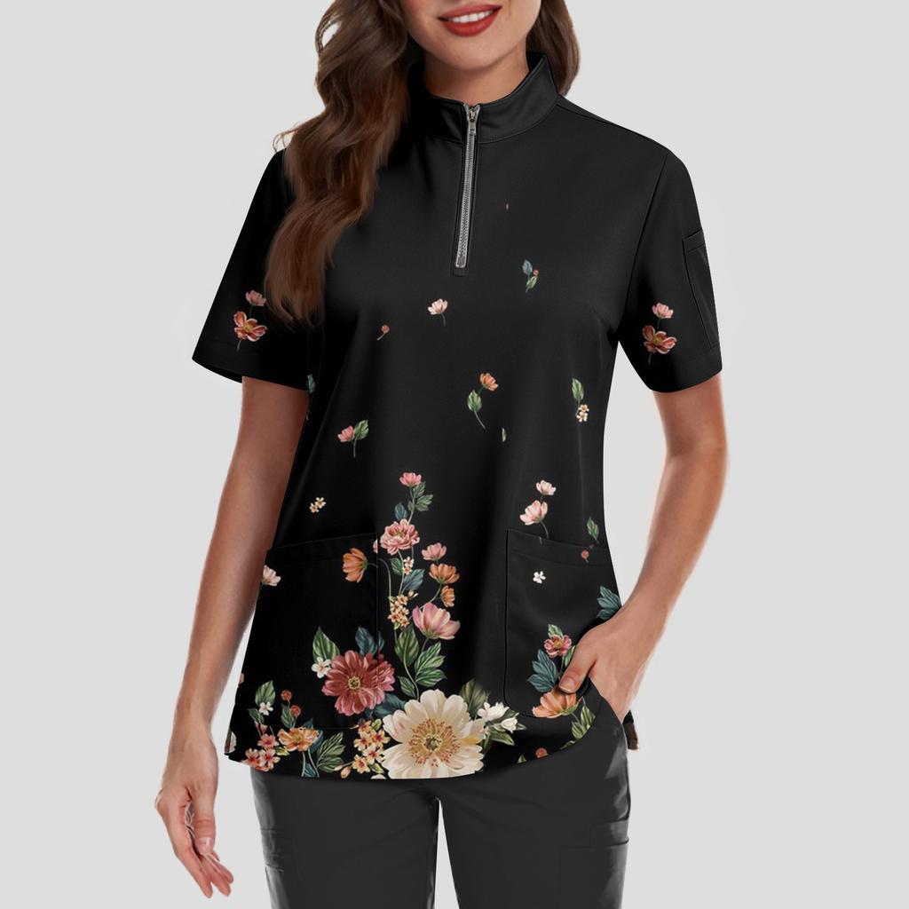 Women's Short Sleeved Printed V-neck Buttonable Side Slit Top T-shirt