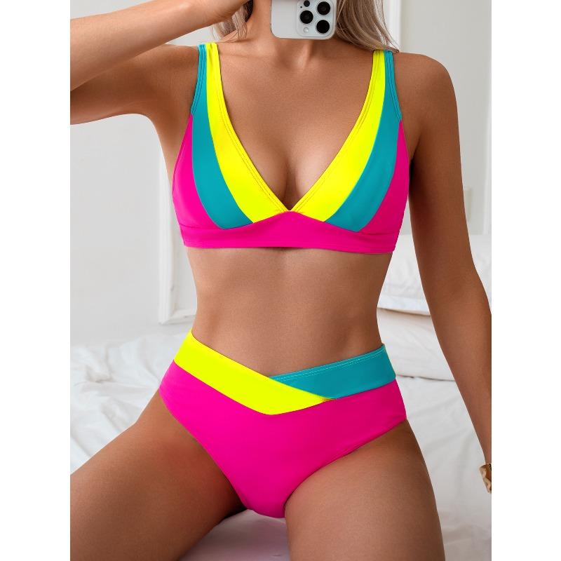European and American New Bikini Sexy Halter High Elastic Contrasting Swimsuit Triangle Bag Swimsuit