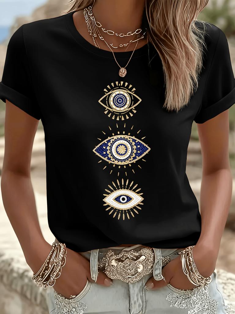 Bohemian Mystery Eye Pattern Top Round Neck Casual Top for Summer Daily and Festival Wearing Womens Clothing