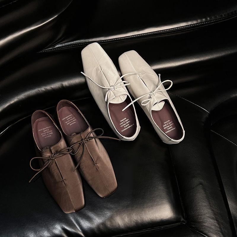 Fashion Womens Loafers Shoes White Sneakers Square Toe Female Footwear All-Match Slip-on Comfortable Dress Summer Flat Lace-Up Silk