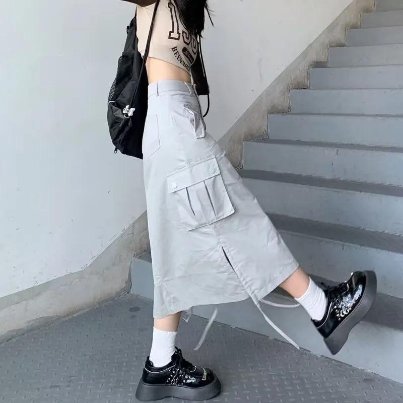 Women's High Waisted Cargo Pocket Midi Skirt