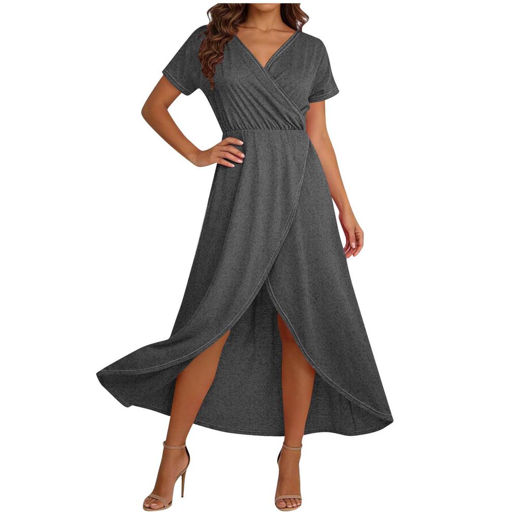 Women's Elegant Loose-Fit V-Neck Short-Sleeve Flowing Resort Dress