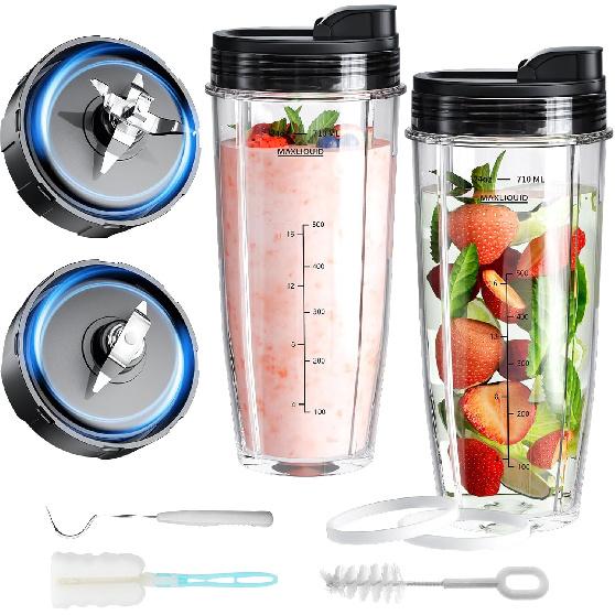11-in-1 Blender Accessories, Blender Replacement Parts Compatible with Nutri Ninja, 24oz Blender Cups and Blade Assembly with Cross & Flat Blades for