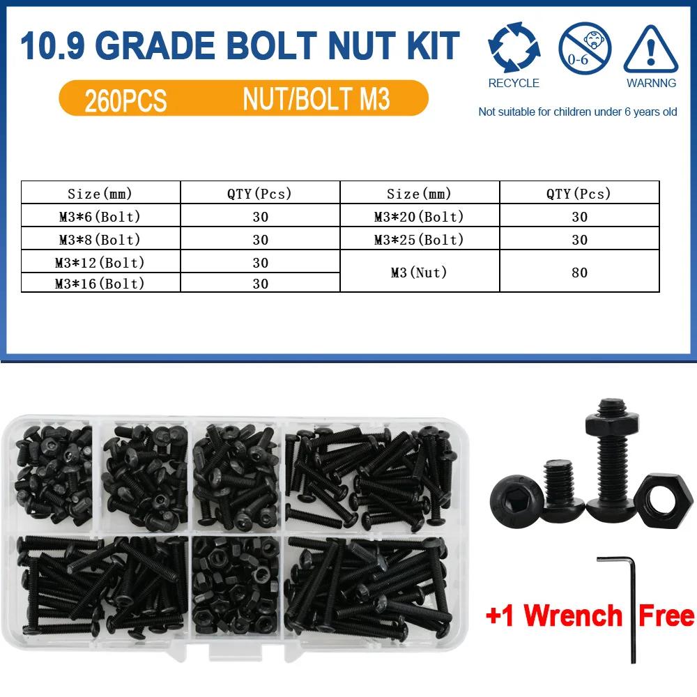 ISO7380 Allen Hexagon Hex Socket Button Round Head Screw Nut Kit M2 M3 M4 M5 M6 Black Grade 10.9 Carbon Steel Bolt Nut Set
