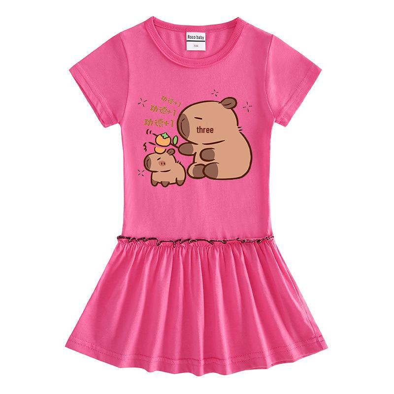 Summer Cartoon Raglan Color-Block Short Sleeve Pleated Dress for Girls