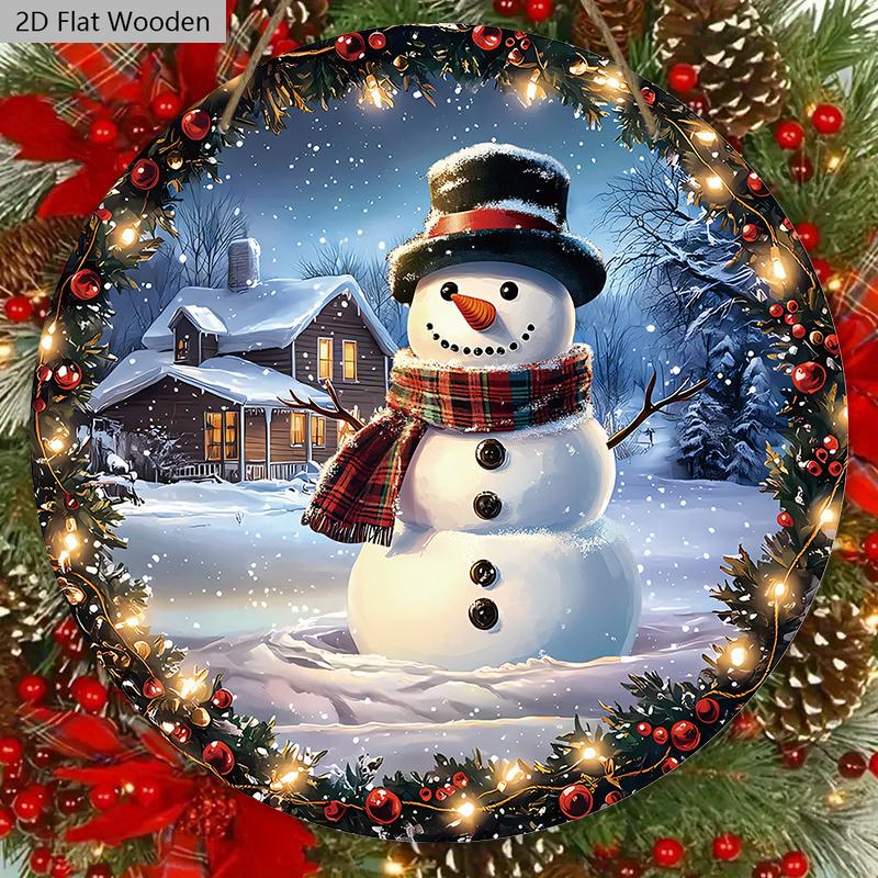 Classic Christmas Wooden Sign with Snowman Pattern - Navidad Round Sign for Front Door, Wall Hanging Decor - Ideal Christmas Gift