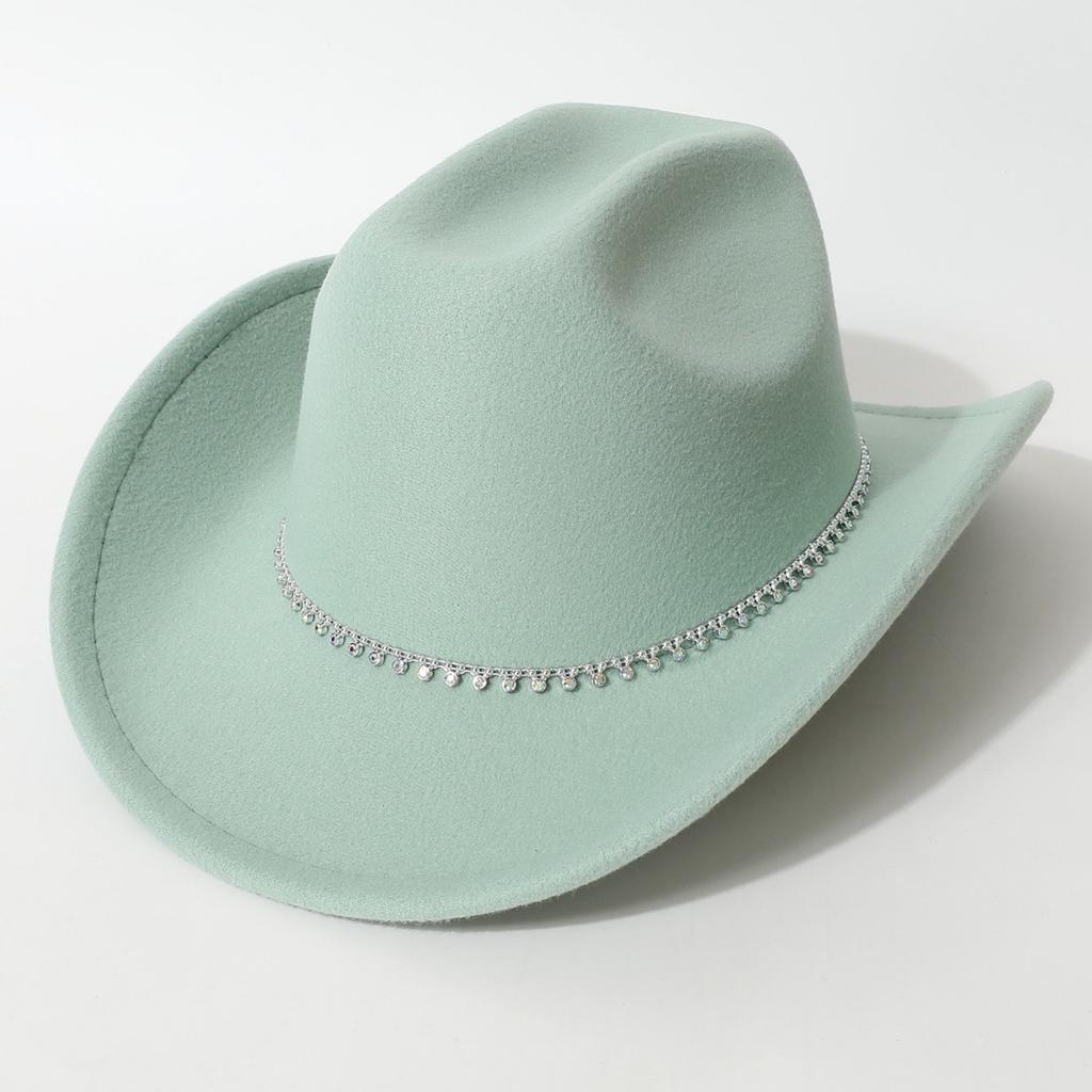 New European and American style flat-top woolen hat, western cowboy hat, unisex hat, equestrian hat with single row of rhinestones