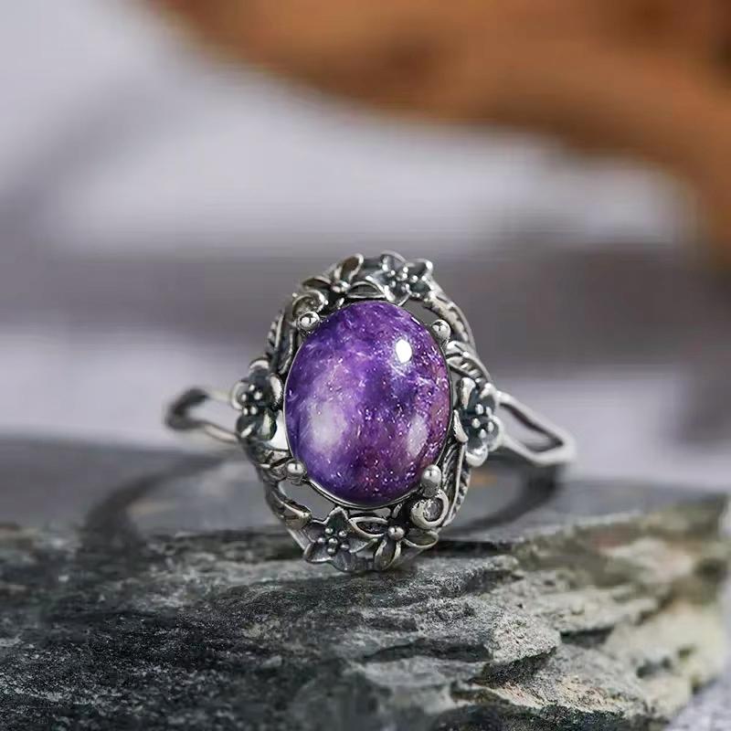 Vintage 925 Silver Ring Irregular Flowers Natural Rose Quartz Punk Ring Bohemian Silver Ring Fine Jewelry For Women