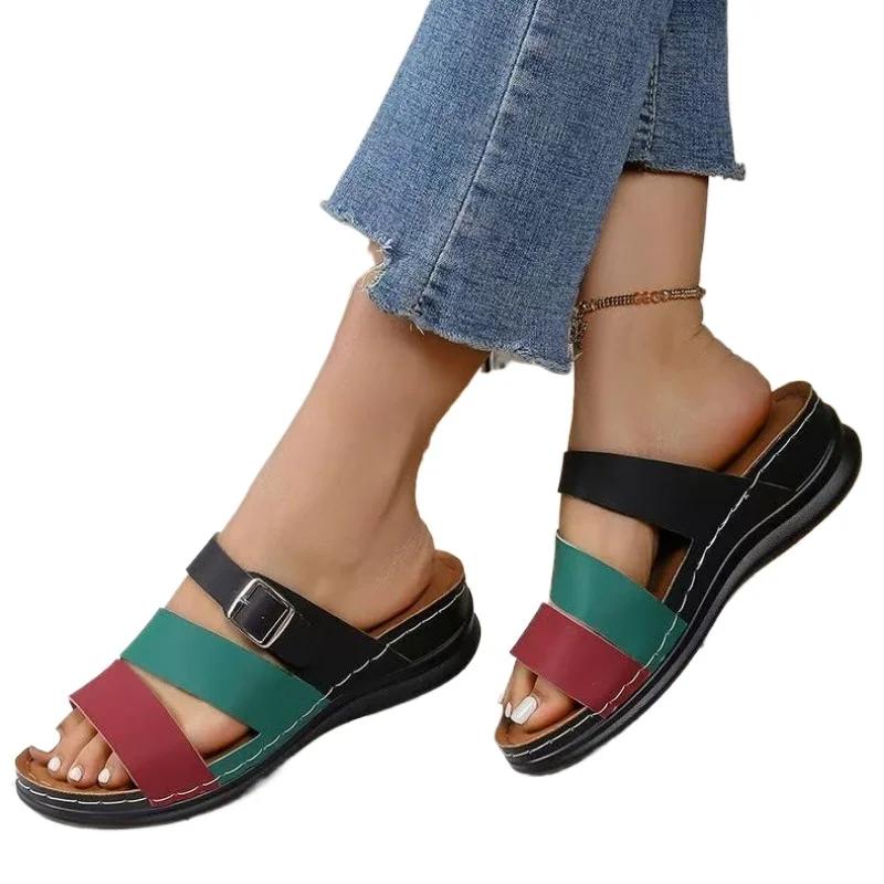 

2025 Summer Open Toe Women s Slippers Belt Buckle Outdoor Plus Size Casual New Color Matching Best Seller Wedge Slippers 43 чёрный