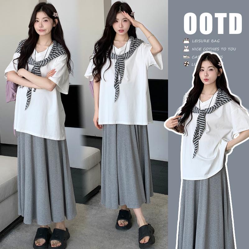 2026 Summer Maternity Casual Set: Loose T-Shirt, Shawl & Skirt L