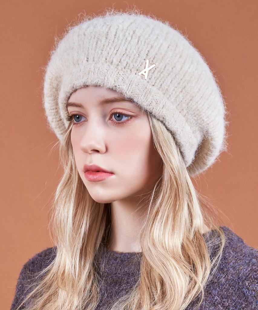 Bajal Studded Logo Wool Knit Beret Ivory
