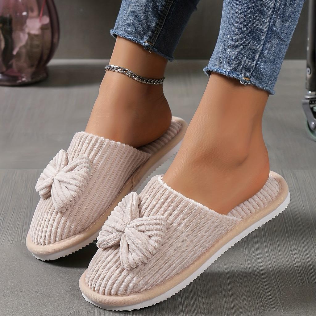 Anzxy Women's Bow-Detail Slip-On Plush Indoor Slippers For Winter