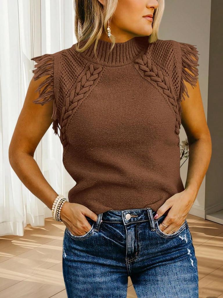 Vestă pulover tricotată cu torsade pentru femei, guler înalt, franjuri, stil boho, fără mâneci, pulover, maiou