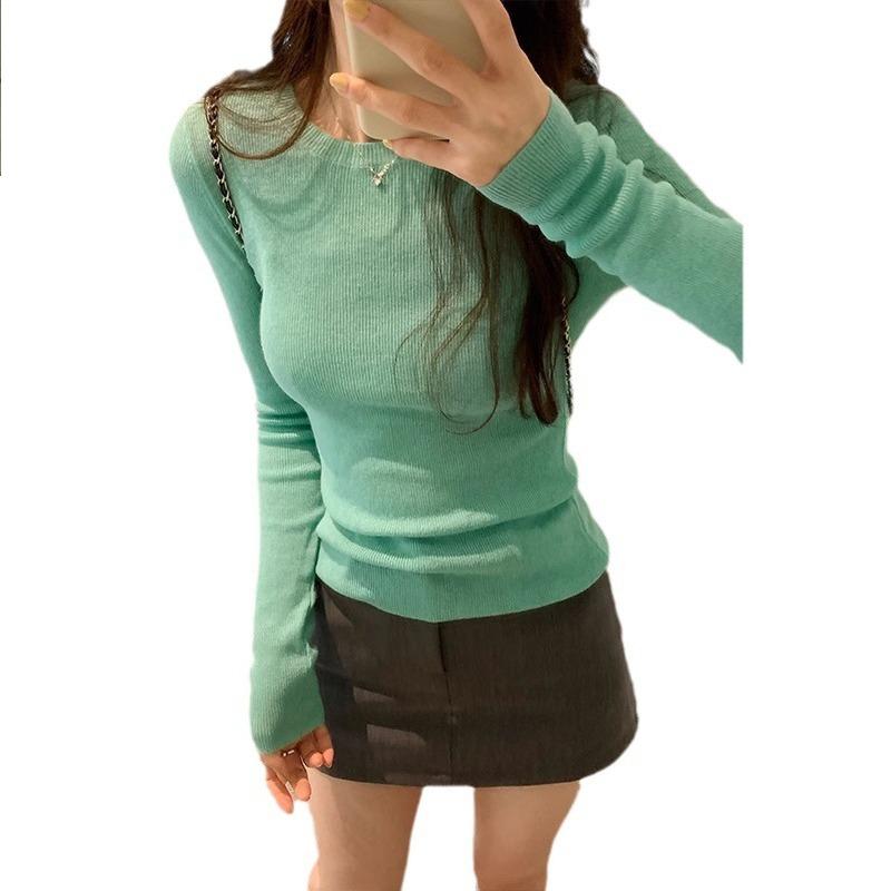 Top pentru femei, verde, cu mânecă lungă, de toamnă, cu gât rotund, cu umăr pozitiv, pe fund, tricot, lenjerie de corp