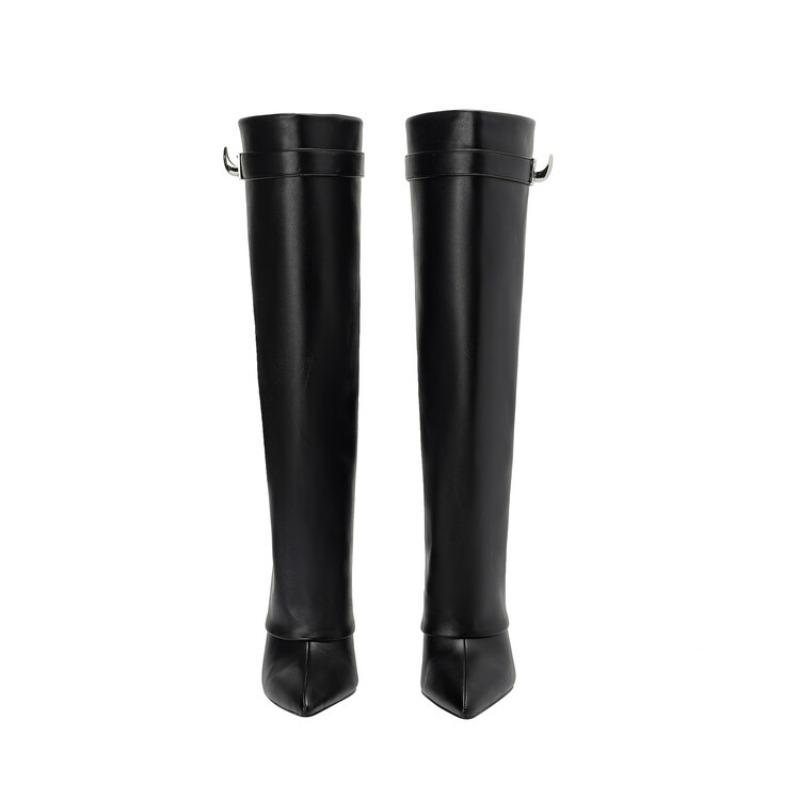 Fashion New Crystal Slope Belt Buckle Decorative Skirts Boots Fashion High Heels Black Red Size 34-43 Knee High Boots Winter Women Shoes