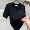 Summer 2025 Ice Silk V-Neck Hollow Slimming T-Shirt