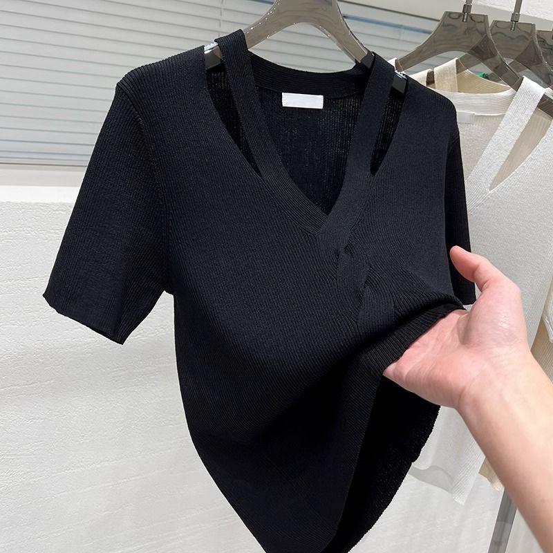 Summer 2025 Ice Silk V-Neck Hollow Slimming T-Shirt
