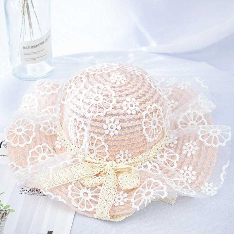 

Соломенная шляпа для девочек Летняя кружевная Тонкая секция Защита от солнца Пляжная шляпа Солнечная шляпа Дышащая Детская шляпа принцессы розовый