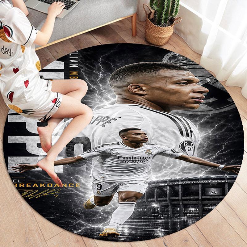 Kylian Mbappe Round Area Rug,Carpet Rug for Living Room Bedroom Sofa Playroom Decor,Non-slip Floor Mat