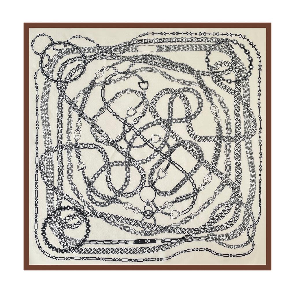 Old money style printed silk scarf retro brown scarf neck square scarf fashionable versatile herringbone pattern cotton and linen silk scarf