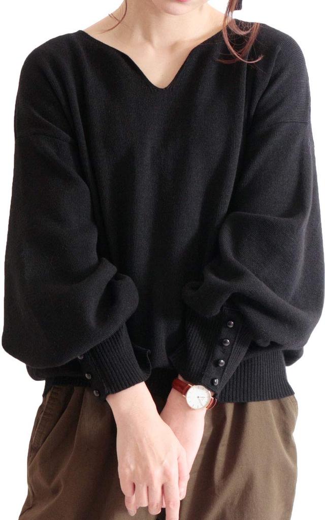 Gold Japan Plus Size Knit Top with Voluminous Keyhole Buttoned Balloon Long for Size Black Women's Sleeves, Neck, Sleeves, Design, Sleeves, Commuting,