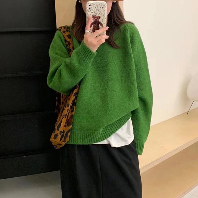 Versatile Sweater Women Thick Loose Autumn Winter Round Neck Minimalist Solid Korean Knit Top
